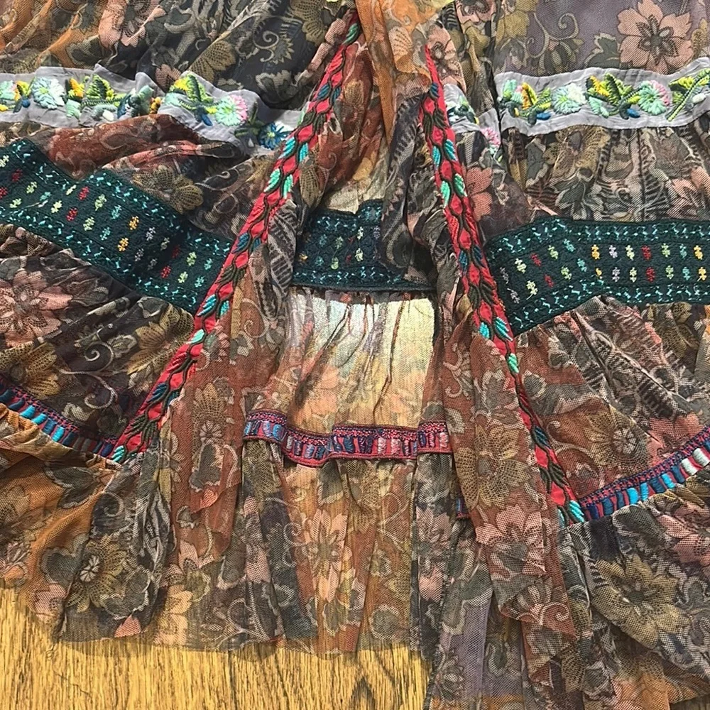 Johnny Was BIYA Bohemian Multicolor Tiered Skirt M tiered front slit lined boho - Picture 2 of 8